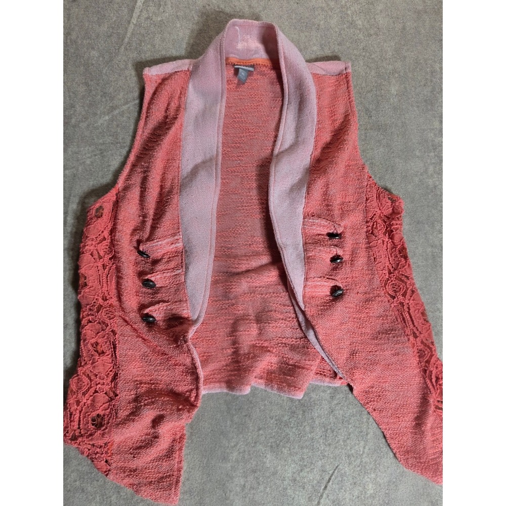 Vanity Womens XL Coral Pink Marl Knit Lace Side Panel Open Front Cardigan Vest